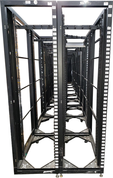 Two tall, black 4-post open-frame server racks