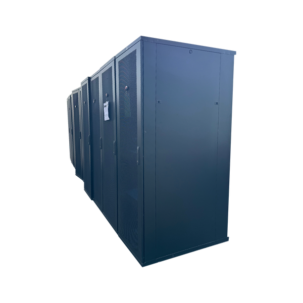 An angled three-quarter view of a row of black enterprise server rack cabinets with perforated mesh front doors and solid side panels, isolated against a solid black background