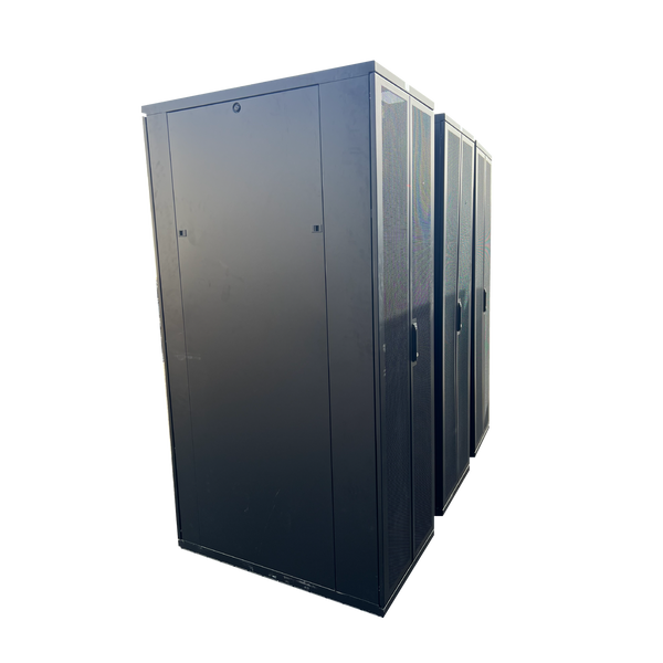 Different angled three-quarter rear view of three black 42U server rack cabinets lined up in a row, showcasing solid side panels and split mesh rear doors