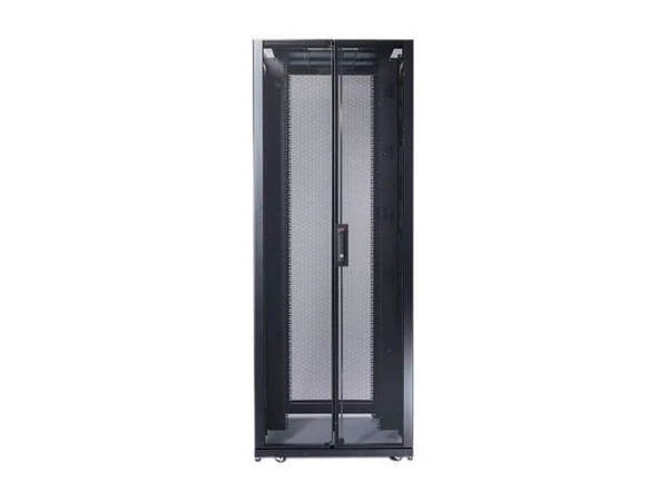 A straight-on front view of a black 45U APC server rack enclosure with split perforated doors