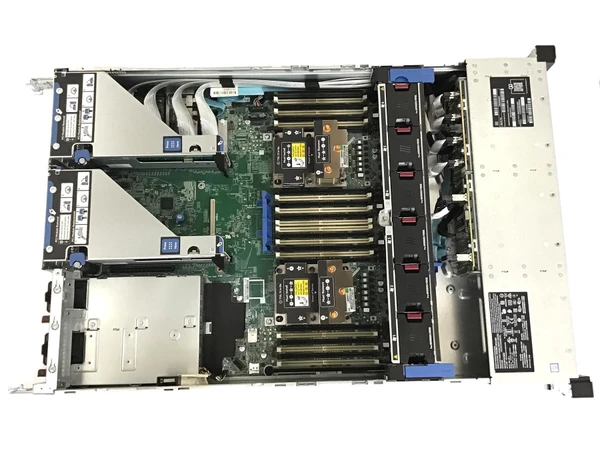 Top-down internal view of an HPE ProLiant DL380 Gen10 server showing dual CPU heatsinks, RAM slots, cooling fan modules, and PCIe riser cages on a white background.