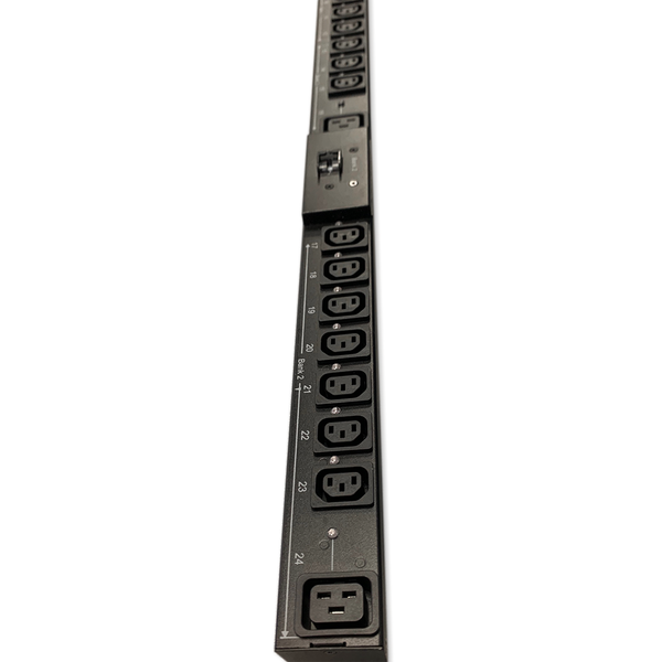 An angled close-up view of a black APC AP8941 vertical rack PDU showing numbered C13 and C19 power outlets along Bank 2.