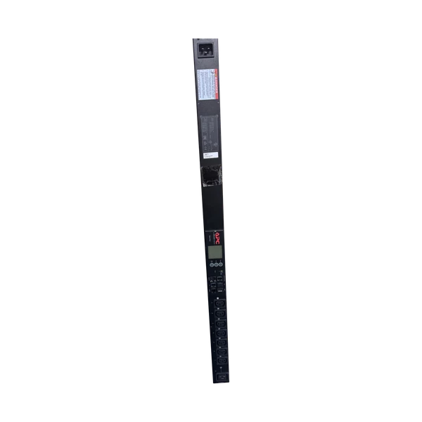 Full-length vertical view of an APC AP8958 Rack PDU against a black background, displaying top power connection, specification labels, LCD control panel, and numbered power outlets.