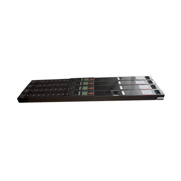 Angled perspective view of four APC AP8958 Switched Rack PDUs stacked horizontally, showcasing their outlet banks, LCD display modules, and power inputs.