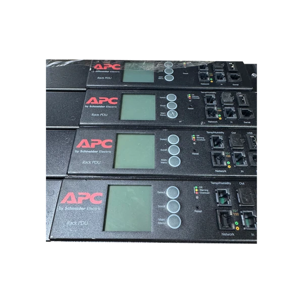 Close-up view of four APC Rack PDU display modules stacked together