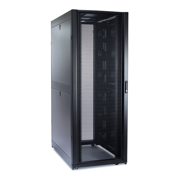Front perspective view of a black APC NetShelter SX 42U server rack cabinet featuring a perforated mesh front door and solid split side panels.