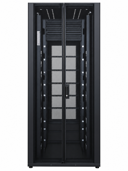 Direct rear view of a black APC NetShelter SX server rack cabinet showing closed split perforated mesh doors with key lock handle.