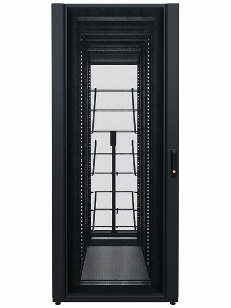 Front view of an empty APC NetShelter SX 42U wide server rack cabinet looking through the frame to the interior vertical mounting rails and split rear mesh doors