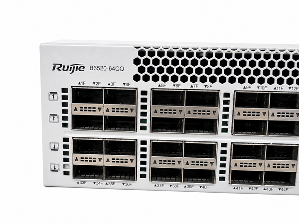 Front-left detail view of Ruijie Networks B6520-64CQ switch port array