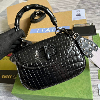 Gucci 675797 Bamboo1947 small top handle bag Crocodile Black - Default Title - View 1