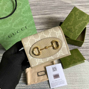 Gucci 621887 Horsebit 1955 card case wallet Beige canvas