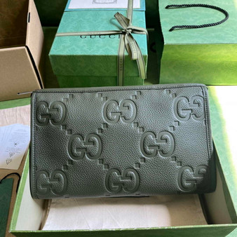 Gucci Jumbo GG pouch in black leather 739490 In Green leather