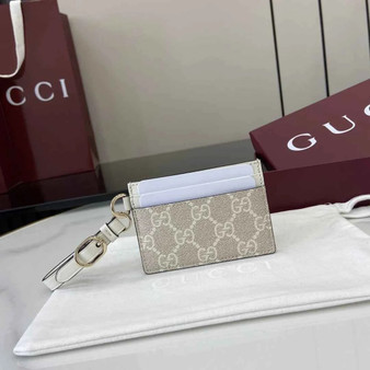 Gucci GG Emblem card case with strap 819121 beige and white fabric