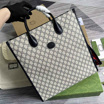Gucci ‎674155 Medium tote with Interlocking G Beige and blue GG Supreme canvas - Default Title - View 1