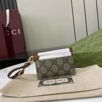 Gucci GG Emblem card case with strap 819121 beige and dark brown fabric
