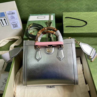Gucci 702721 Diana Small Tote Bag Silver Leather - Default Title - View 1
