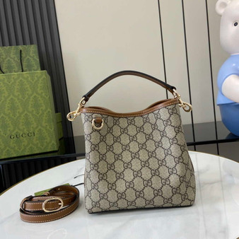 Gucci GG Emblem small bucket bag 815118 in beige and dark brown fabric