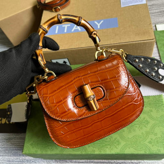 Gucci 686864 Bamboo 1947 mini top handle bag brown crocodile leather