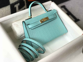 Hermes Kelly Mini II Bag 19 Blue Crocodile Leather with Gold Hardware - Default Title - View 1