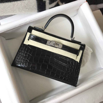Hermes Kelly Mini II Bag 19 Black Crocodile Leather with Silver Hardware - Default Title - View 1
