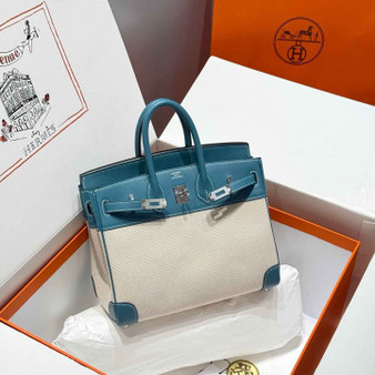 Hermès Birkin Bag 25cm Blue Swift Leather Canvas Silver Hardware - Default Title - View 1