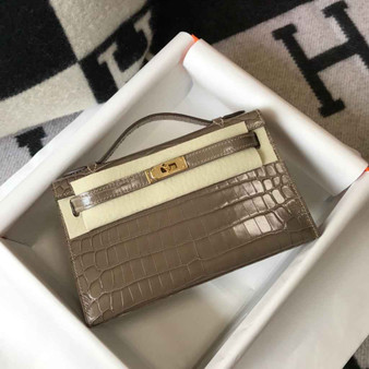 Hermes Kelly Mini II Bag 22 Gray Crocodile Leather Gold half Handmade - Default Title - View 1