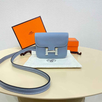 Hermes Constance Slim Wallet Blue Epsom Leather Silver H082083 - Default Title - View 1