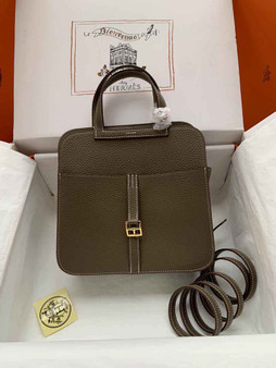 Hermes Halzan 25 Bag Dark Gray Togo Leather Gold H082164 - Default Title - View 1