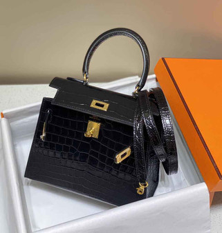 Hermes Kelly Bag 20 Black Crocodile Leather Gold Hardware H7305 - Default Title - View 1
