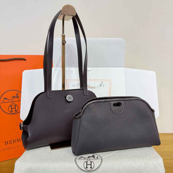 Hermes Tablier sellier Bag Coffee Swift calfskin and H canvas Silver hardware - Default Title - View 1