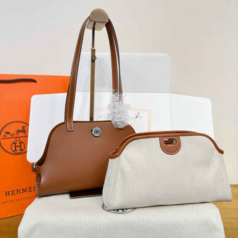 Hermes Tablier sellier Bag Brown Swift calfskin and H canvas Silver hardware - Default Title - View 1