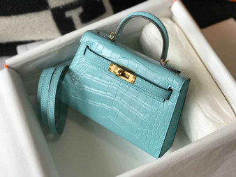 Hermes Kelly Mini II Bag 19 Blue Crocodile Leather with Gold Hardware - Default Title - View 1