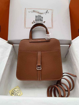 Hermes Halzan 25 Bag Brown Togo Leather Silver H082167 - Default Title - View 1