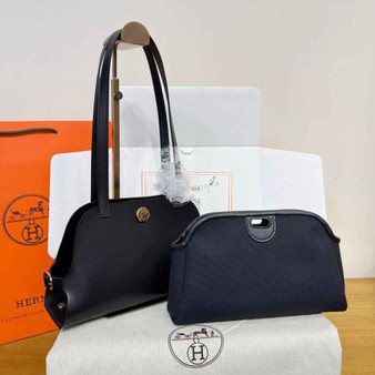 Hermes Tablier sellier Bag Black Swift calfskin and H canvas Gold hardware - Default Title - View 1