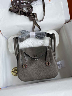 Hermes Lindy Mini Bag Dark Gray Togo Leather Silver Hardware H8627 - Default Title - View 1
