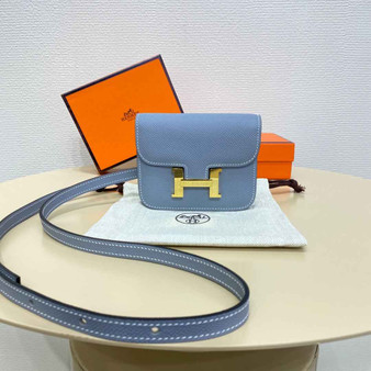 Hermes Constance Slim Wallet Blue Epsom Leather Gold H082082 - Default Title - View 1