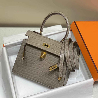 Hermes Kelly Bag 20 Gray Crocodile Leather Gold Hardware H7303 - Default Title - View 1