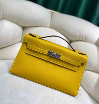 Hermes Kelly Bag 22 Yellow Swift Leather Silver Hardware - Default Title - View 1