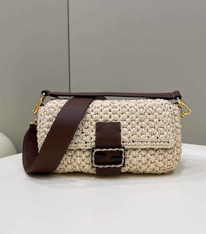 Fendi 8BR600 Baguette Dark Beige raffia with crocheted FF
