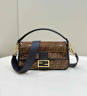 Fendi Baguette Bag 8BR600 Brown FF jacquard fabric bag with sequins