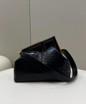 Fendi First Medium 8BP127 Black laqué crocodile leather bag