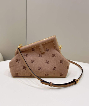 Fendi First Small 8BP129 Dark Beige flannel bag with embroidery