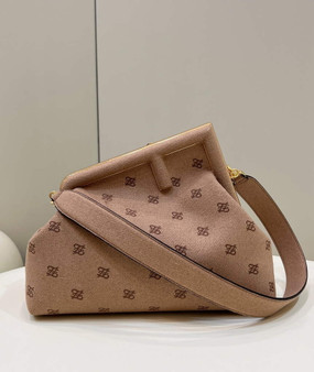 Fendi First Medium 8BP127 Dark Beige flannel bag with embroidery