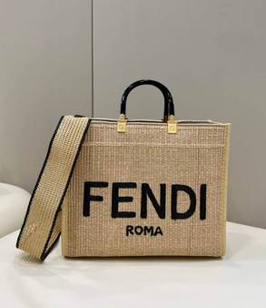 Fendi 8BH386 Sunshine Medium Beige and black straw shopper 8389