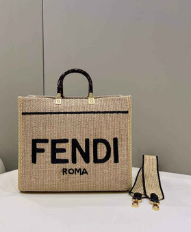 Fendi 8BH386 Sunshine Medium Beige and black straw shopper