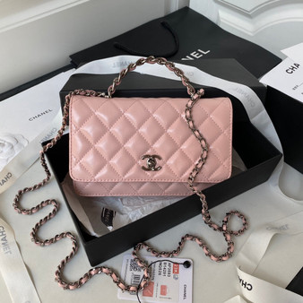 Chanel AP3645 Wallet on chain Shiny Crumpled Calfskin Strass Metal Pink