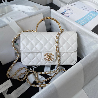 Chanel AS4362 Tote Flap Bag White Lambskin Gold-tone metal