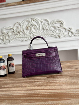 Hermes Kelly Bag 19cm Calfskin Purple Silver