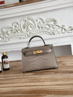 Hermes Kelly Bag 19cm Calfskin Gray Gold
