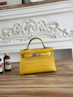 Hermes Kelly Bag 19cm Calfskin Yellow Silver